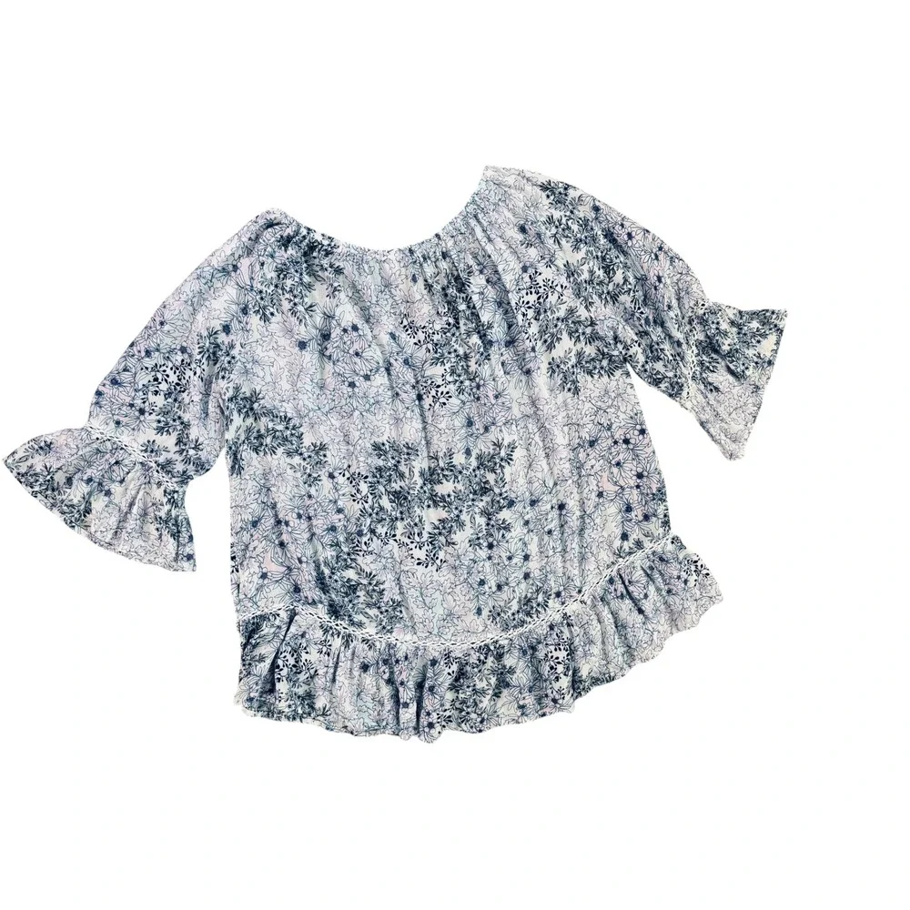 Fever Floral Ruffle Hem Boho Blouse Women's Medium 100% Rayon